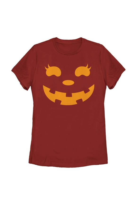 Women's CHIN UP Halloween Jack o' Lantern Face Graphic Tee Red Medium