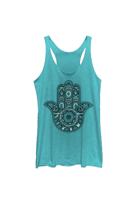 Women's CHIN UP Hamsa Palm Racerback Tank Top Tahiti Blue Medium