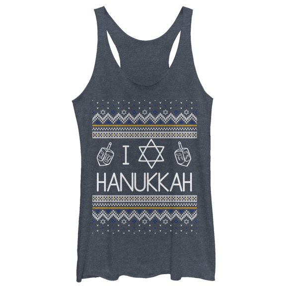 Women's CHIN UP Hanukkah Ugly Sweater Racerback Tank Top Navy Blue Heather Small