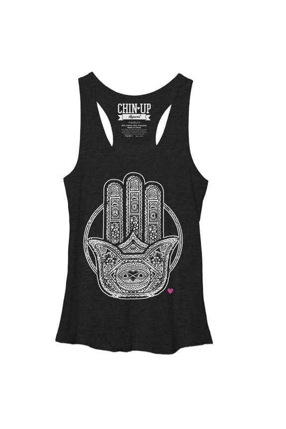Women's CHIN UP Henna Hamsa Racerback Tank Top Black Heather Large