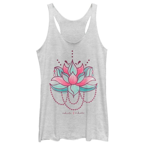 Women's CHIN UP Inhale Exhale Lotus Flower Racerback Tank Top White Heather Medium