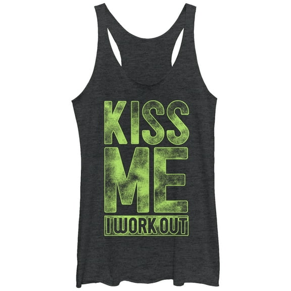 Women's CHIN UP Kiss Me I Work Out Racerback Tank Top Black Heather X Large