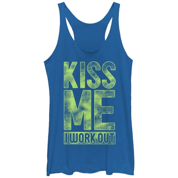 Women's CHIN UP Kiss Me I Work Out Racerback Tank Top Royal Blue Heather Small