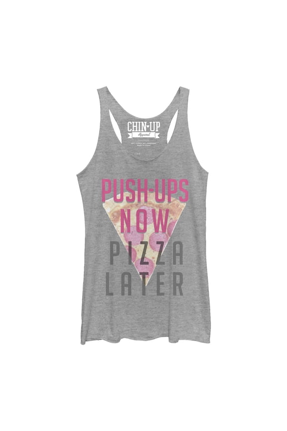 Women's CHIN UP Push-Ups Now Pizza Later Racerback Tank Top Gray Heather Medium