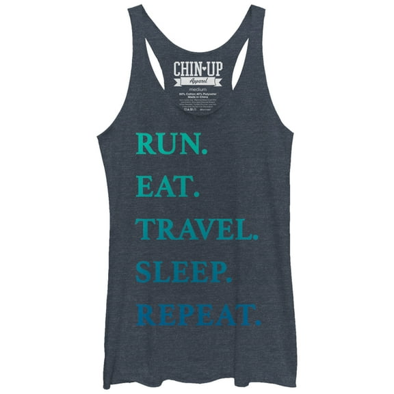 Women's CHIN UP Run Eat Travel Sleep Repeat  Racerback Tank Top Navy Blue Heather Small