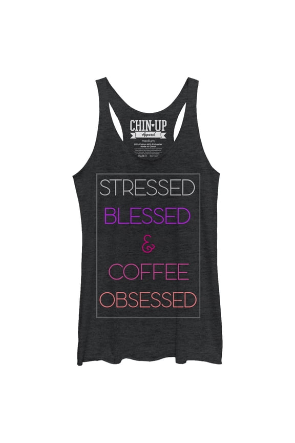 Women's CHIN UP Stressed Blessed Coffee Obsessed  Racerback Tank Top Black Heather Small