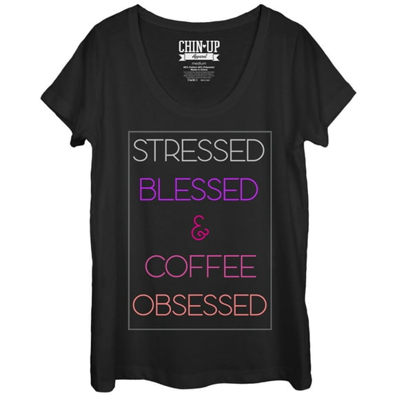 Women's CHIN UP Stressed Blessed Coffee Obsessed Scoop Neck Black Small