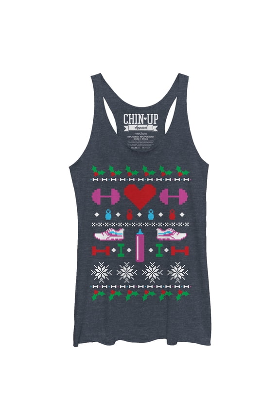 Women's CHIN UP Ugly Christmas Workout Racerback Tank Top Navy Blue Heather Large