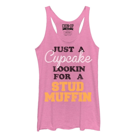 Women's CHIN UP Valentine Cupcake Looking for Stud Muffin Racerback Tank Top Pink Heather Medium