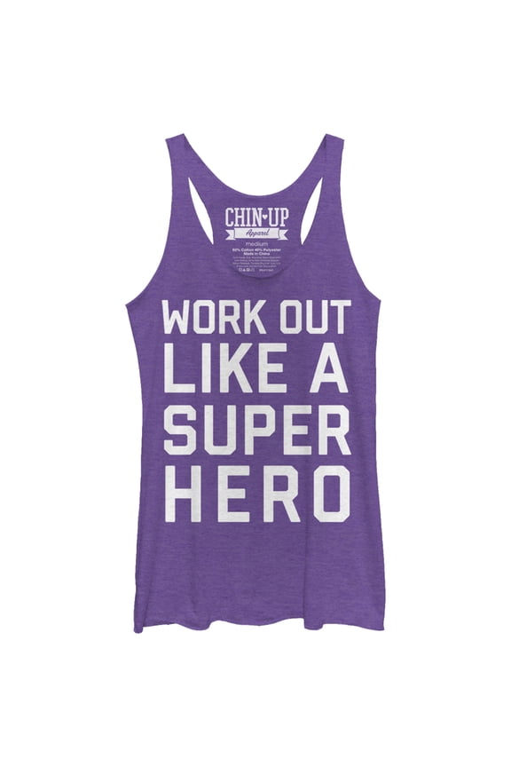 Women's CHIN UP Work Out Like a Super Hero Racerback Tank Top Purple Heather X Large