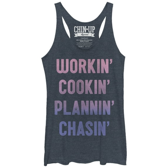 Women's CHIN UP Working Cooking Planning Chasing Racerback Tank Top Navy Blue Heather Medium