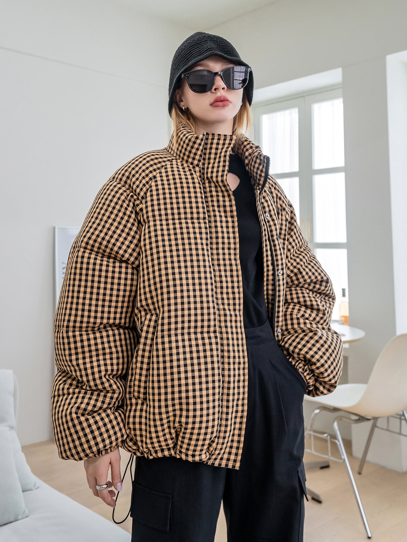 Gingham puffer store jacket