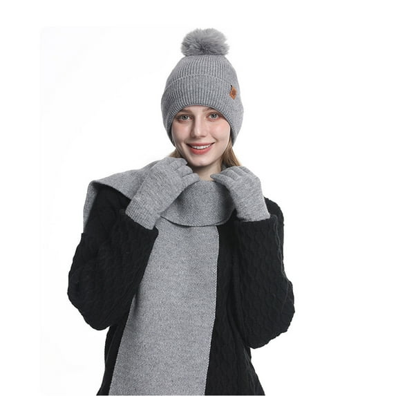 Women's Cable Knit Beanie Hat with Pom Poms Long Scarf Soft Glove Solid Color for Cold Weather Gray-3 Free Size