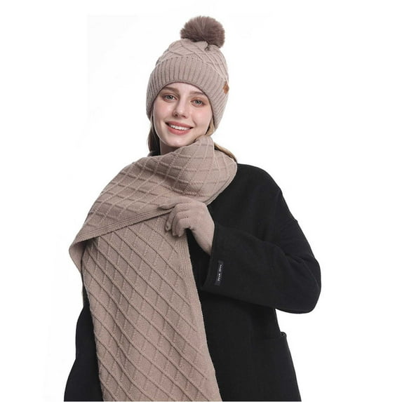 Women's Cable Knit Beanie Hat with Pom Poms Long Scarf Soft Glove Solid Color for Cold Weather Khaki-2 Free Size