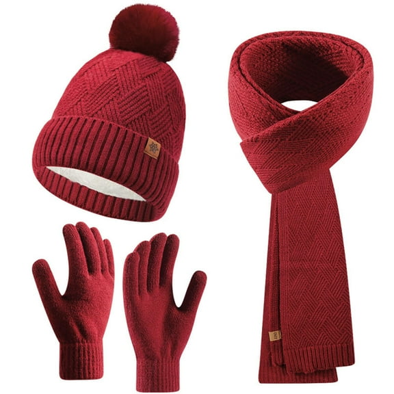 Women's Cable Knit Beanie Hat with Pom Poms Long Scarf Soft Glove Solid Color for Cold Weather Red-1 Free Size
