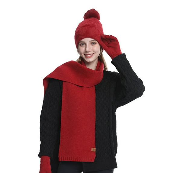 Women's Cable Knit Beanie Hat with Pom Poms Long Scarf Soft Glove Solid Color for Cold Weather Red-3 Free Size