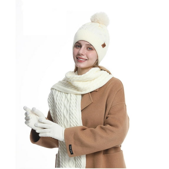 Women's Cable Knit Beanie Hat with Pom Poms Long Scarf Soft Glove Solid Color for Cold Weather White-5 Free Size
