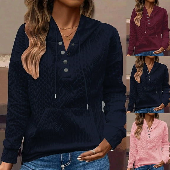 Women's Cable Knit Button Hoodies Sweatshirts Casual Long Sleeve Henley Textured Hooded Sweatshirt Pullover Fall Fashion Outfits with Pockets