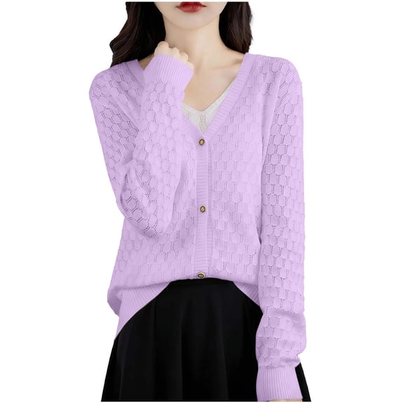 Women's Cable Knit Cardigan Eyelet Solid Open Front Sweater Casual Soft Long Sleeve Button Down Shirt