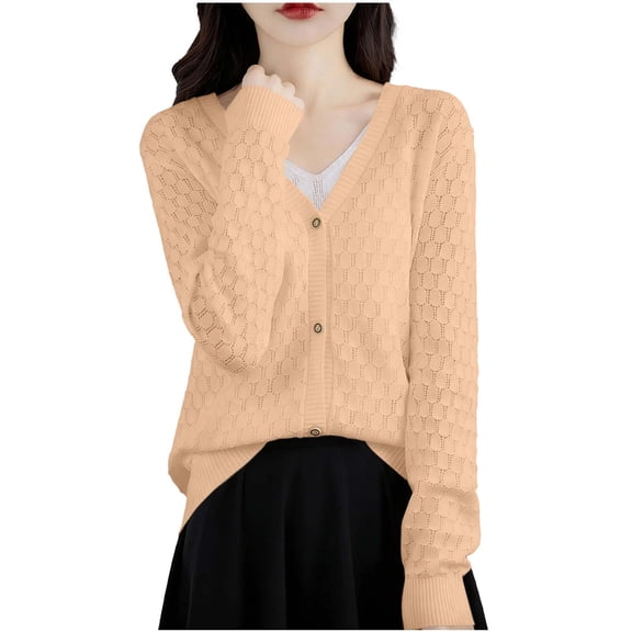 Women's Cable Knit Cardigan Eyelet Solid Open Front Sweater Casual Soft Long Sleeve Button Down Shirt