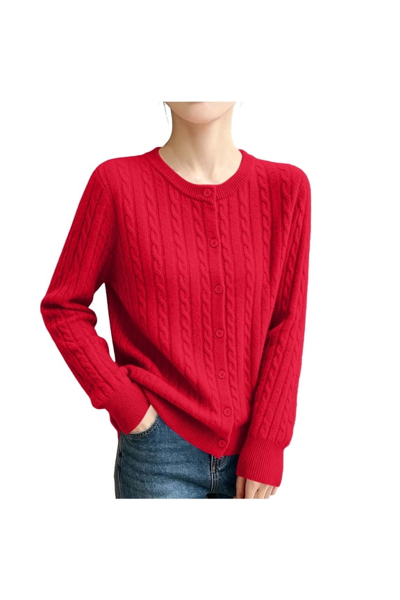 Women's Cable Knit Cardigan Long Sleeve Crew Neck Button Down Soft Knitwear Sweater Coat Casual Sweater Tops for Fall Winter Layering