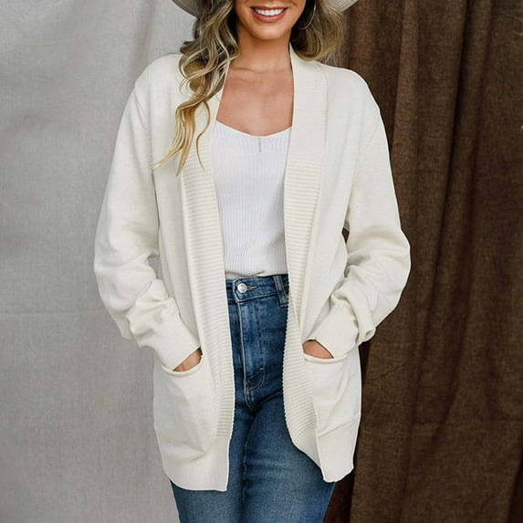 Women's Cable Knit Cardigan Ndbuld Women's Cardigan Sweater Fashion Long Sleeved Medium Length Comfortable Commuting Loose Fitting Women's Sweater Gift for Girls White S