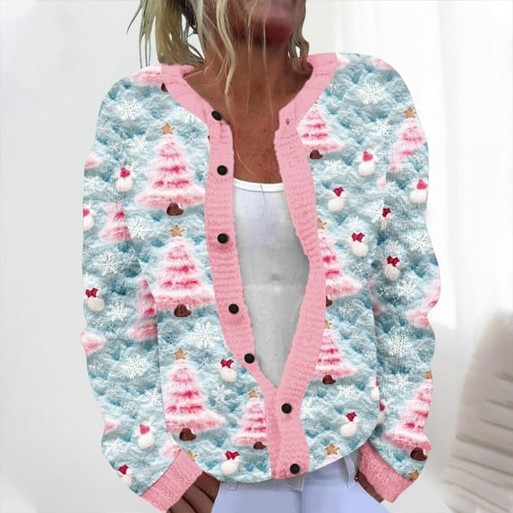 Women's Cable Knit Cardigan Ndbuld Women's Casual Christmas Printed Knitted Cardigan Button Up Jacket Coat Gift for Adults Multicolor 3XL