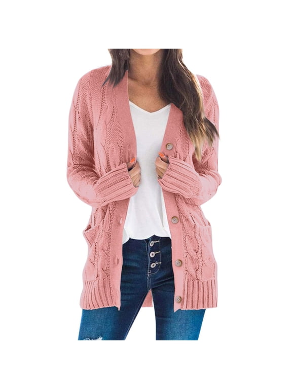 Women's Cable Knit Cardigan Open Front Button Down Boyfriend Sweater