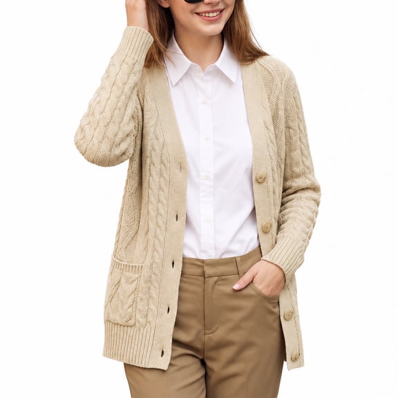 Women’s Cable Knit Cardigan Sweater Button Down V Neck Long Sleeve Soft Lightweight Knit Open Front Casual Fall Outerwear with Pockets