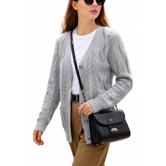 Women’s Cable Knit Cardigan Sweater Button Down V Neck Long Sleeve Soft Lightweight Knit Open Front Casual Fall Outerwear with Pockets