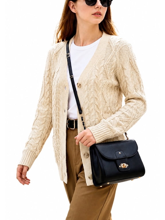 Women’s Cable Knit Cardigan Sweater Button Down V Neck Long Sleeve Soft Lightweight Knit Open Front Casual Fall Outerwear with Pockets
