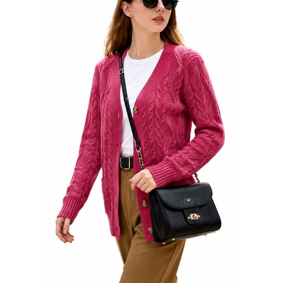 Women’s Cable Knit Cardigan Sweater Button Down V Neck Long Sleeve Soft Lightweight Knit Open Front Casual Fall Outerwear with Pockets