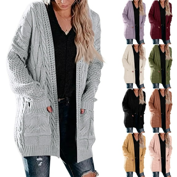 Women's Cable Knit Cardigan Sweater Mid-Length with Pockets for Fall and Winter Style, Ideal for Holiday Season and Casual Wear, Comfortable and Versatile,Pink,S
