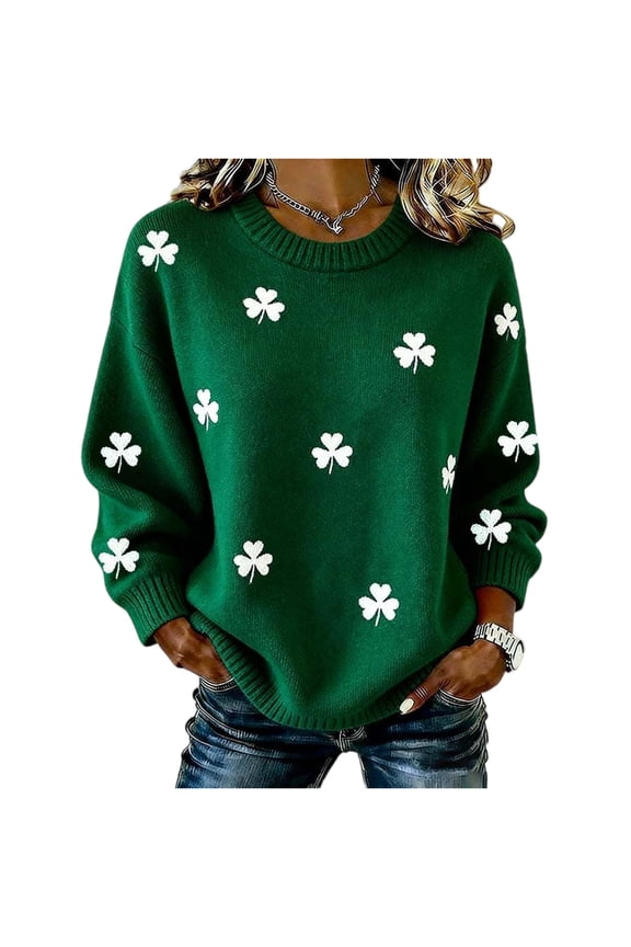 Women’s Cable Knit Crewneck Sweater with Shamrock Embroidery Long Sleeve Casual Pullover Soft Textured Knitwear Army Green M