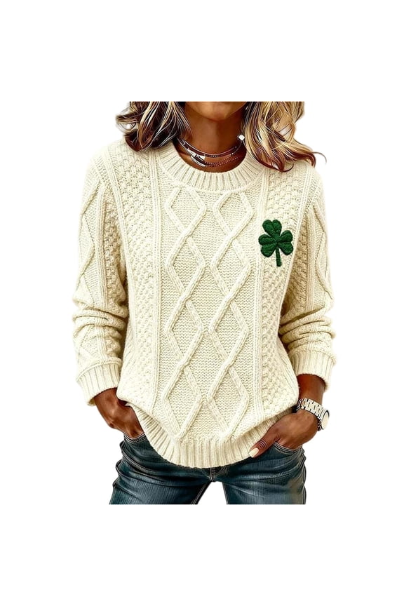 Women’s Cable Knit Crewneck Sweater with Shamrock Embroidery Long Sleeve Casual Pullover Soft Textured Knitwear White M