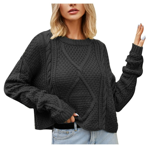 Women's Cable Knit Cropped Sweaters Loose Fit Long Sleeve Crewneck Knitted Pullover Crop Top Casual Sweatshirts (XL, Black)