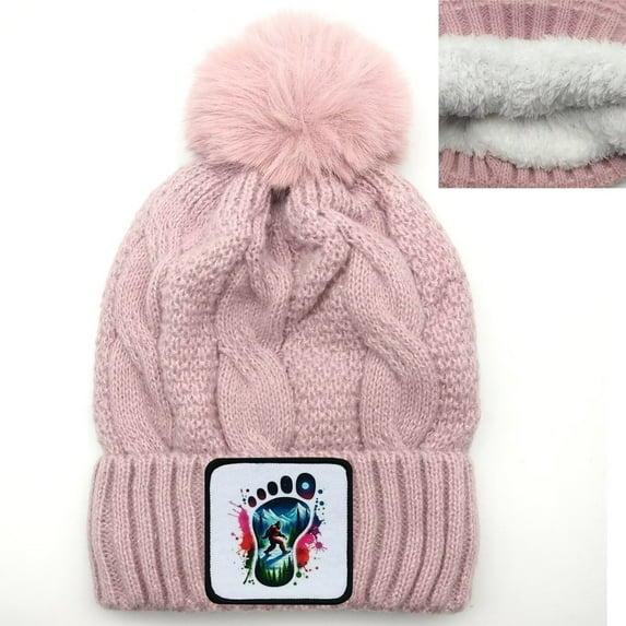 Women's Cable Knit Faux Fur Pom Beanie - Soft Winter Hat,Ribbed Cuff,Warm Lining,Footprints Badge