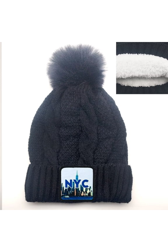 Women's Cable Knit Faux Fur Pom Beanie - Soft Winter Hat,Ribbed Cuff,Warm Lining,NYC Badge