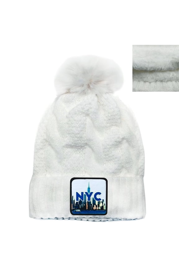 Women's Cable Knit Faux Fur Pom Beanie - Soft Winter Hat,Ribbed Cuff,Warm Lining,NYC Badge