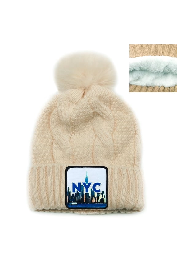 Women's Cable Knit Faux Fur Pom Beanie - Soft Winter Hat,Ribbed Cuff,Warm Lining,NYC Badge