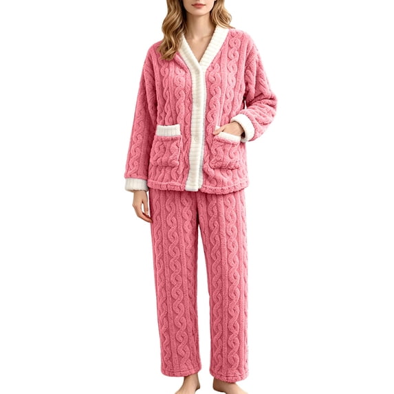Women's Cable Knit Fleece 2 Piece Pajama Sets V Neck Contrast Trim Button Top Straight Pants Soft Warm Winter Home Sleep Loungewear Pink