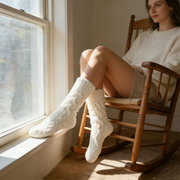 Women's Cable Knit Fleece Lined Socks,Womens or Mens Fitness Workout Slouch Socks Gym For Women Super Soft Cozy Slipper Socks For Women Women's Winter Warm Sleeping Sock