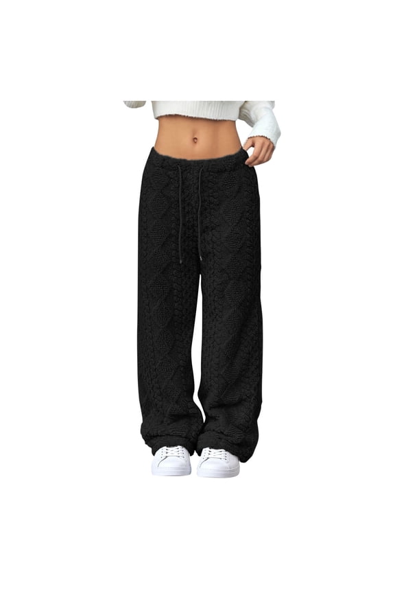 Women's Cable Knit Fleece Pants, Loungewear Joggers Long Pants, Elastic Waist Drawstring Trousers