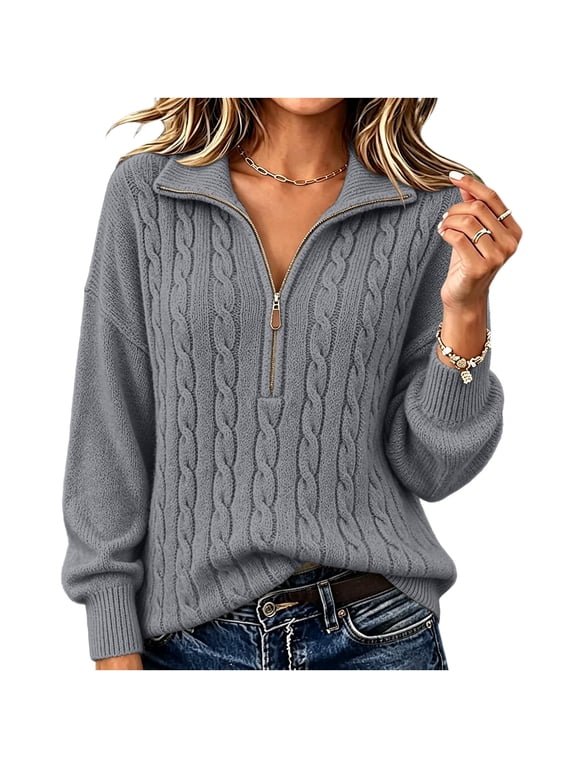Women's Cable Knit Half Zip Sweater Stand Collar Long Sleeve Pullover Loose Fit Soft Warm Cozy Casual Dressy Daily Fall Winter Knit Tops Gray