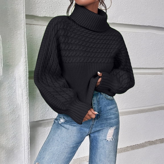 Women's Cable Knit High Neck Sweater, Ribbed Long Sleeve Pullover Top, Solid Color Twisted Thread Design for Fall Winter Office and Casual Wear Black S