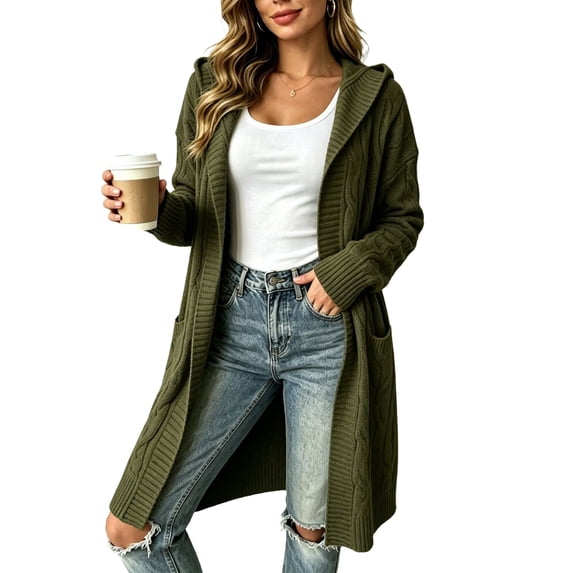 Women's Cable Knit Hooded Cardigan Open Front Long Sweater with Pockets