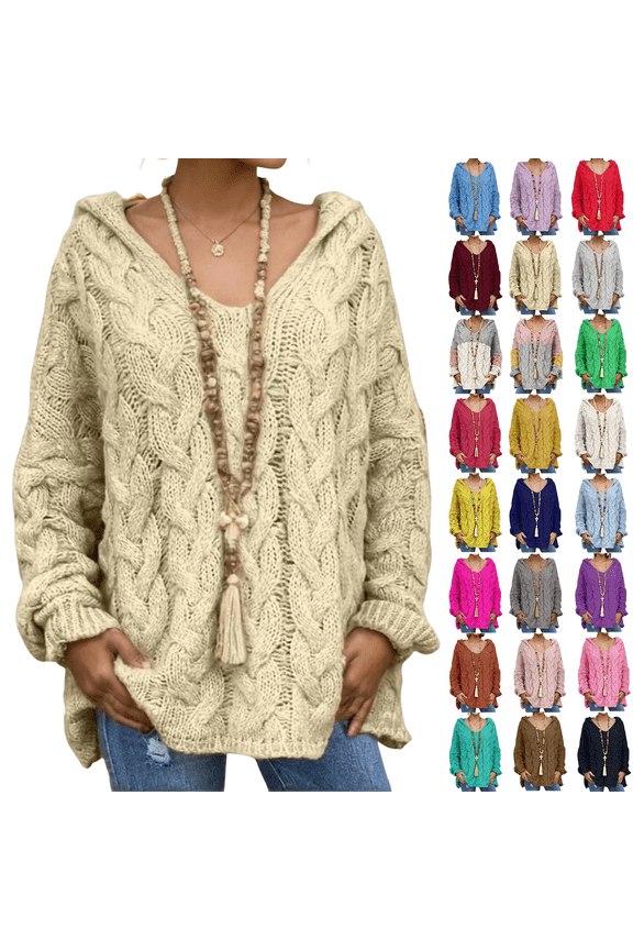 Women's Cable Knit Hooded Sweater V-Neck Long Sleeve Warm Pullover (Black, L)