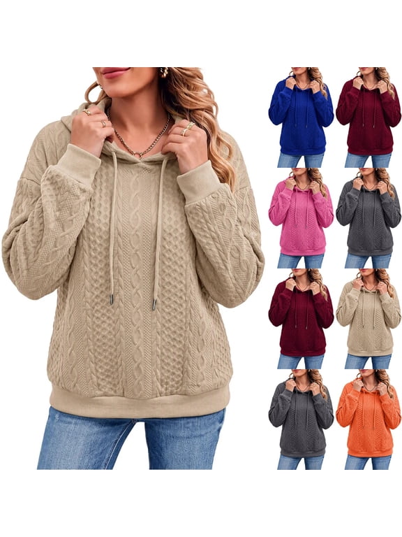 Women's Cable Knit Hoodie Pullover Long Sleeve Drawstring with Pockets Casual Top