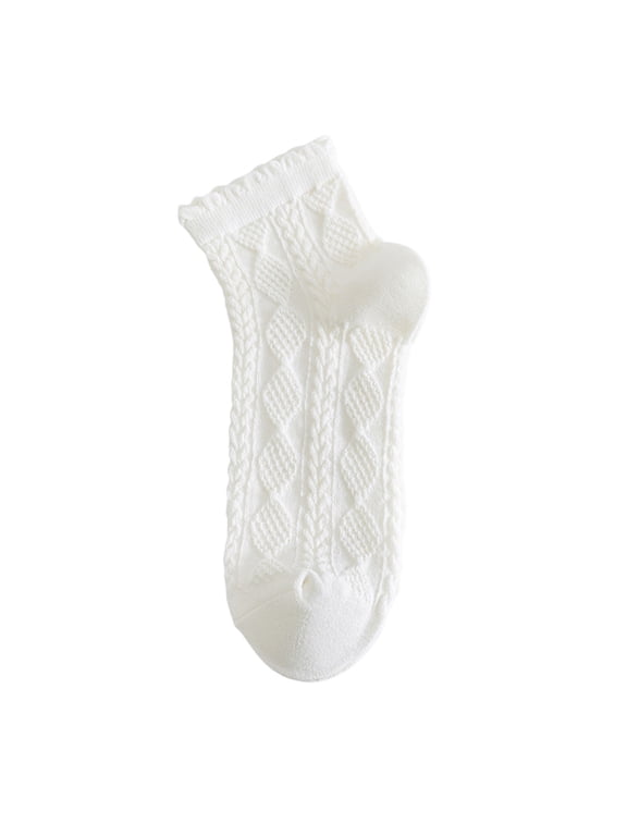 Women's Cable Knit Lace Socks Cotton Blend Mid Calf Socks for Daily White by Baberdicy