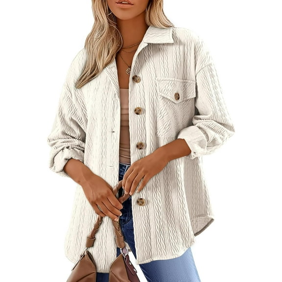 Women's Cable Knit Lightweight Long Sleeve Casual Oversized Button Down Shirt